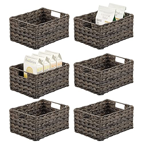 Woven Farmhouse Kitchen Pantry Food Storage Organizer Basket Box - Container Organization for Cabinets, Cupboards, Shelves, Countertops, Store Potatoes, Onions, Fruit, 6 Pack, Espresso Brown