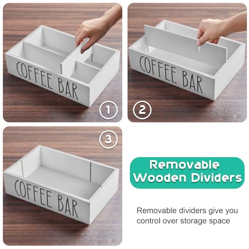 White Coffee Station Organizer with Removable Dividers – Wooden Coffee Bar Countertop Organizer for Pods, Stirrers, Sugar Packets & Lids, Kitchen, Office, Café Use - view 7