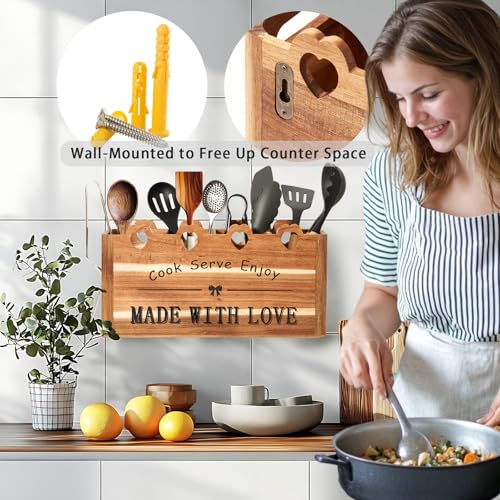 Kitchen Utensil Holder, Large Acacia Wood Organizer for Countertop | Extra Large Farmhouse Style with 4 Compartments, Rustic Wooden Storage for Cooking Tools & Cutlery - view 2