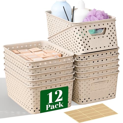 12 Pack Plastic Storage Baskets for Organizing, Storage Baskets for Shelves with Handles, Small Storage Bins with Labels, Classroom Storage Organization for Cabinet,Closet, Office,Natural