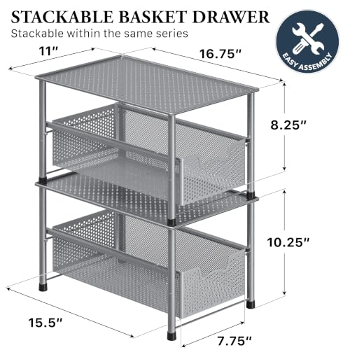 Stackable Under Sink Sliding Basket Drawer, Silver - view 2