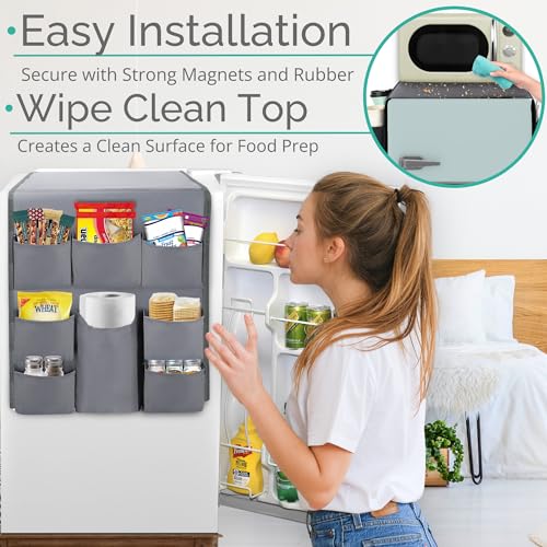 Mini Fridge Organizers and Storage - College Dorms Must Haves - Large Pockets with Dividers Holds Pantry Goods, Utensils, Paper Towel, Plastic Wrap Ideal Mini Fridge Shelf for Dorm and Office (Grey)… - view 3