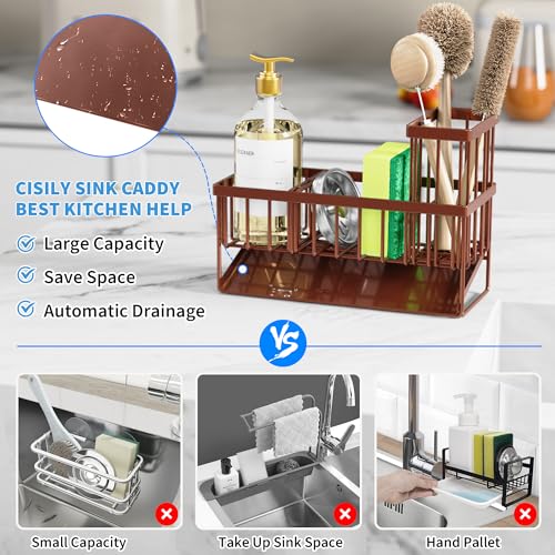 Kitchen Sink Caddy, Sponge Holder for Kitchen Sink, Kitchen Sink Organzier and Storage with High Brush Holder, Rustproof 304 Stainless Gadgets Sink Accessories(Brown) - view 2