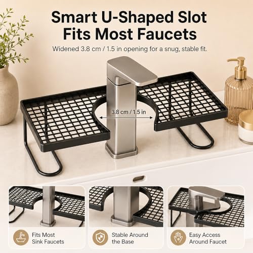 Behind the Faucet Sink Organizer, No-Drill over the bathroom sink shelf Tool-Free Compact Countertop Faucet Organizer Storage Rack Stand Hollowed-Out Bottom Easy Drainage For Kitchen Bathroom (Black) - view 7