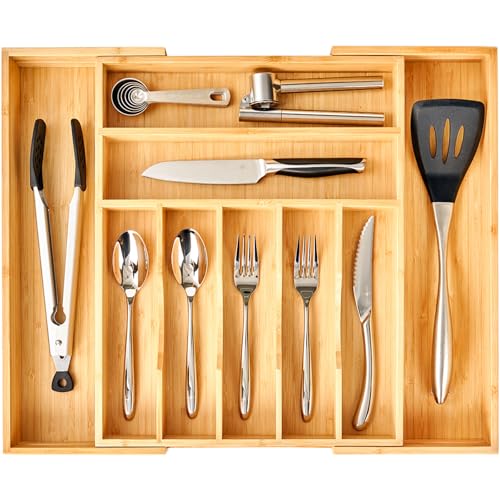 Large Expandable Kitchen Silverware Utensils Drawer Organizer, 2.5" Extra High Adjustable Drawer Divider with Curved Grooves, Bamboo Wood Cutlery Tray Flatware Holder