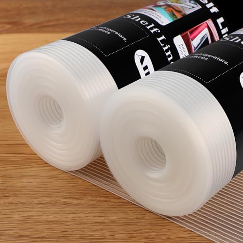 Shelf Liner Cabinet Liner, Non Adhesive Drawer Liner, Washable 12 Inch x 20 FT x 2Rolls Waterproof Durable Non-Slip Shelf Liner for Kitchen, Drawer, Refrigerator Stripe Clear
