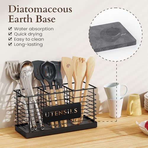 Utensil Holder for Kitchen Counter with Diatomaceous Earth Base, Large Black Metal Cooking Tool Organizer with 3 Compartments, Countertop Utensil Holder for Spatula and Kitchen Utensils - view 4