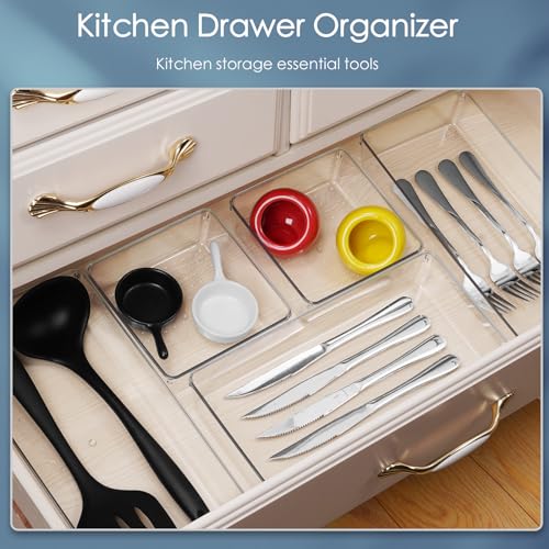 12 Pack Large Clear Plastic Drawer Organizer Set, Acrylic Bathroom Organizer Vanity Trays Dividers, Kitchen Organizers and Storage, Non-Slip Storage Bins for Makeup, Snacks, Office, Desk, Fridge - view 6