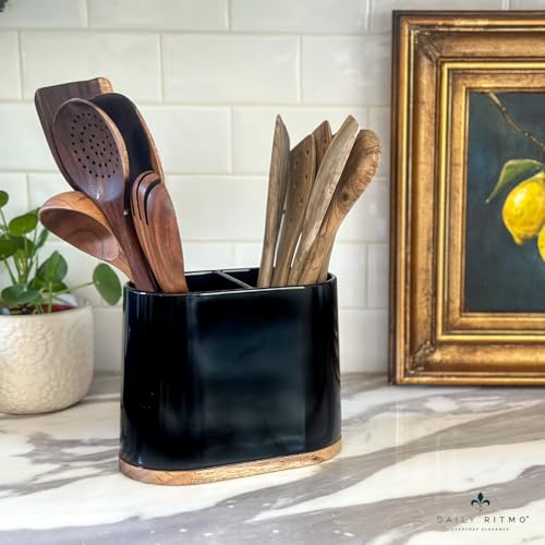 Black Large Oval Utensil Holder with Bamboo Base and Divider - view 2
