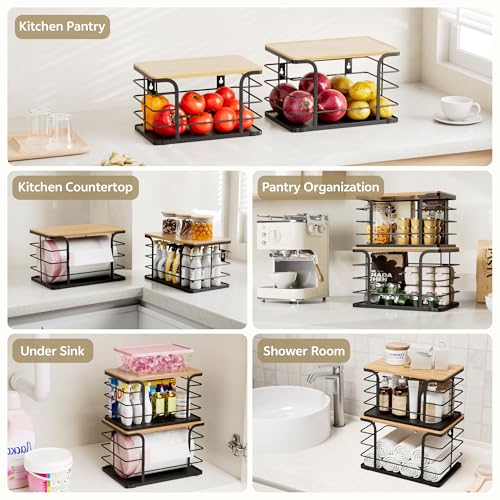 2 Pack Potato and Onion Storage Bin,Stackable Pantry Organizers and Storage with PP Liner and Bamboo Top,Kitchen Storage Organization Counter Basket for Fruits,Produce,Vegetable, Black - view 5