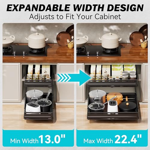 Pull Out Cabinet Organizer, Expandable Width 13"-22", Heavy Duty Metal Slide Out Drawers for Cabinets, Expandable Cabinet Pull Out Shelves for Kitchen, Pantry, Bathroom, Black - view 3
