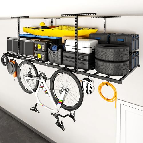 4x8 Overhead Garage Ceiling Storage Rack with 6 Hooks, Black