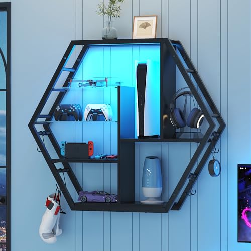 39" Wide LED Gaming Floating Shelves, 5 Tier Wall Mounted Shelves with 2 Removable Glass Shelves, Coffee Bar Rack with 8 Hooks, Display Rack for Wall Storage for Gaming Room, Black