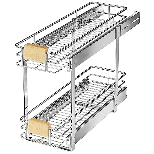 2 Tier Pull Out Cabinet Organizer 7½" W x 21½" D, Slide Out Drawers with Wooden Handle, Sliding Shelves Organization and Storage for Kitchen, Pantry