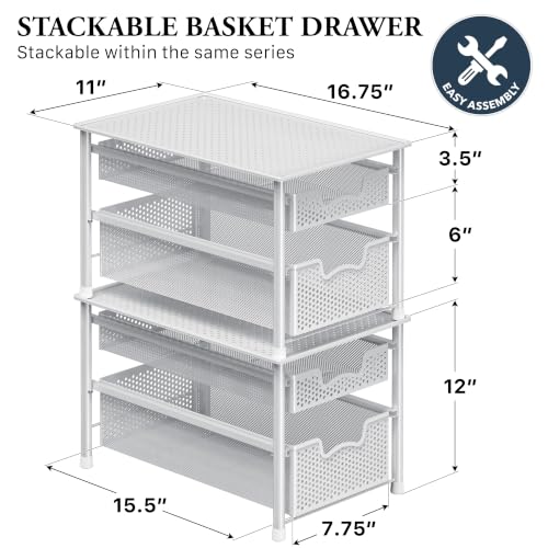 Stackable 2 Tier Sliding Basket Organizer Drawer, White - view 2