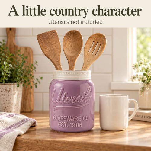 Purple Mason Jar Utensil Holder – Wide Mouth Ceramic – Farmhouse - view 7