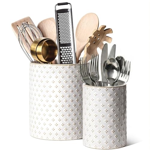 Kitchen Utensil Holder for Countertop, 7.1"+5.4" Ceramic Set of 2