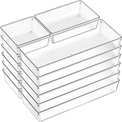18 Pcs Large Size Clear Drawer Organizer Set, Acrylic Non Slip Non Cracking Kitchen Drawer Storage Tray Divider, Multifunctional Storage for Cosmetics, Bathroom, Tools, Kitchen and Office