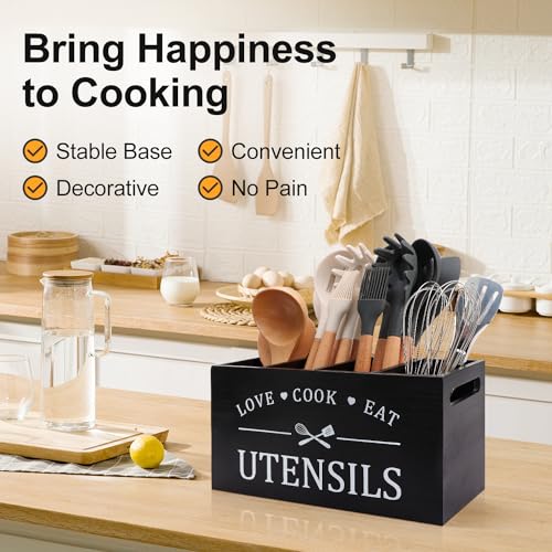 Black Extra Large Wood Cooking Utensil Holder Kitchen Spatula Spoon Holder - view 4