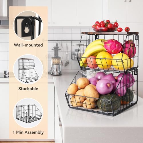 2 Tier Stackable Wall Mounted Hanging Basket, Fruit Basket for Kitchen Counter, Storage Bin with Wood Lid, Onion Storage, Fruit and Vegetable Storage, Countertop Organizer - view 3