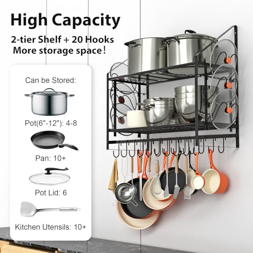 28 Inch Pot Rack Wall Mounted, 2 Tier Pots and Pans Organizer with 20 Hooks and 6 Pot Lid Holders, Heavy Duty Steel Pot and Pan Hanger for Kitchen Cookware Utensils Storage 34.7" Lx13 Wx26.4 H - view 3