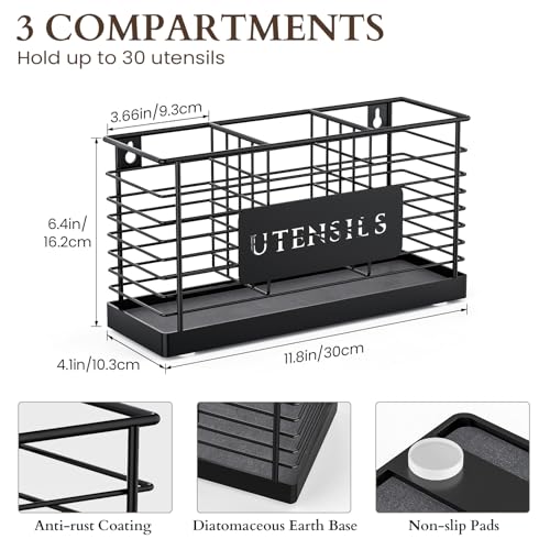 Utensil Holder for Kitchen Counter with Diatomaceous Earth Base, Large Black Metal Cooking Tool Organizer with 3 Compartments, Countertop Utensil Holder for Spatula and Kitchen Utensils - view 5
