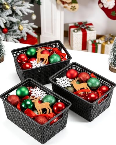 Set of 6 Baskets For Organizing, Plastic Storage Bins and Small Basket for Organization and Storage Shelves Drawers Desktop Closet Playroom Classroom Office, Black - view 2