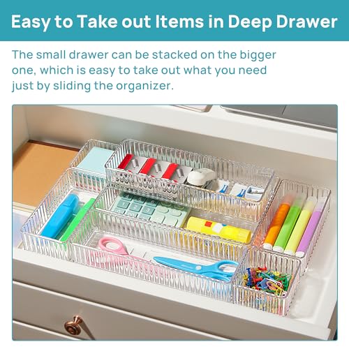 7 PCS Clear Makeup Drawer Organizers Bins, 4-Size Stackable Makeup and Vanity Organizer Trays, Acrylic Bathroom Storage Containers for Cosmetic, Toiletries, Office Supply, Utensils, Gadgets - view 4