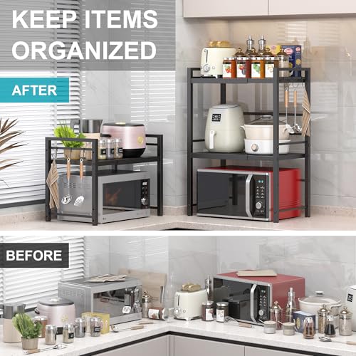 Expandable Microwave Rack, Countertop Kitchen Utensils Tableware Storage, Carbon Steel 3 Tier Shelf with 3 Hooks - view 5