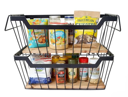 Metal Wire Basket with Handles Storage Organizer Stackable Organizing bins for Cabinet Shelf Countertop Under Sink Pantry for Kitchen,Bathroom,Laundry Closet,Set of 2pcs