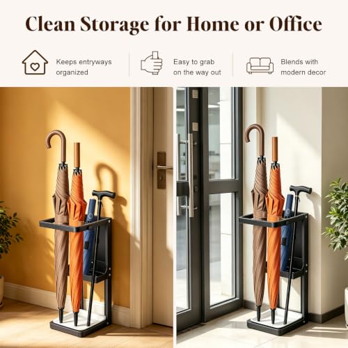 Umbrella Stand for Entryway, Sturdy Metal Umbrella Holder Indoor with Removable Drip Tray, Small Umbrella Rack for Long and Compact Umbrellas, Black Umbrella Storage Stand for Home Office - view 4