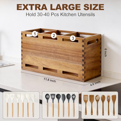 Acacia Wood Large Utensil Holder for Kitchen Counter Organizer Spoon Holder - view 3