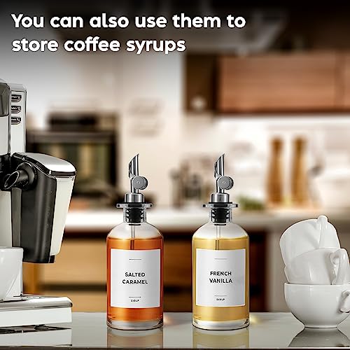 Olive Oil Dispenser Bottle - Includes 55 Kitchen Essential Labels - Cooking Oil Bottles for Kitchen, Coffee Syrup Dispenser - Pourer Spout with 11.8 fl oz Glass Container Cruet - 4pcs Silver - view 6