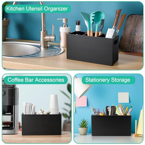 Black Kitchen Utensil Holder for Countertop - Wooden Large Utensil Caddy Organizer for Counter - 3 Compartment Cooking Utensil Crock for Silverware Spoon Spatula - view 6