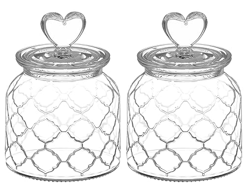 22 oz Clear Glass Canister with Cute Heart shaped Lids Set, Food Storage Glass Jars with Airtight Lids for Kitchen and Dining Room, Grid/Set of 2