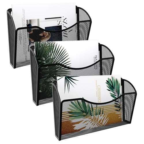 Wall File Organizer 3 Pack, Hanging File Organizer Wall Mount, Metal Mesh Folder Holder for Letter/A4 Papers, Mail Sorter for Office, Classroom, Home, Black