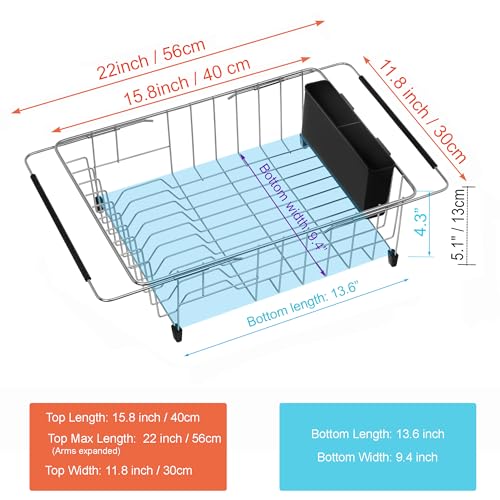 Expandable Multifunctional Dish Drying Rack, Over The Sink, in Sink Or On Counter Dish Drainer Basket Shelf with Black Utensil Silverware Holder, Rustproof Stainless Organizer - view 2