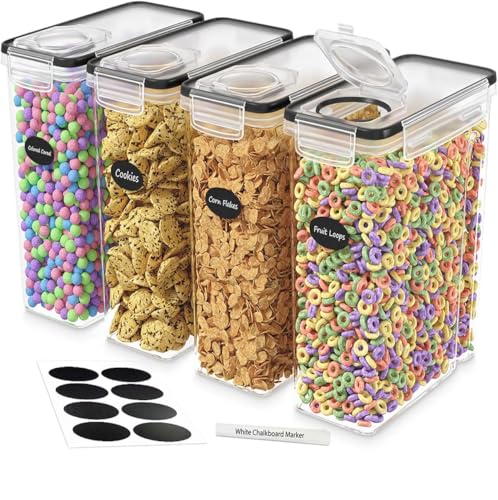 Cereal Containers Storage 4L Set of 4 Airtight Food Storage Containers with Lids Cereal Dispenser Countertop Pantry Organization Canister for Rice Flour & Sugar 1 Marker 8 Labels