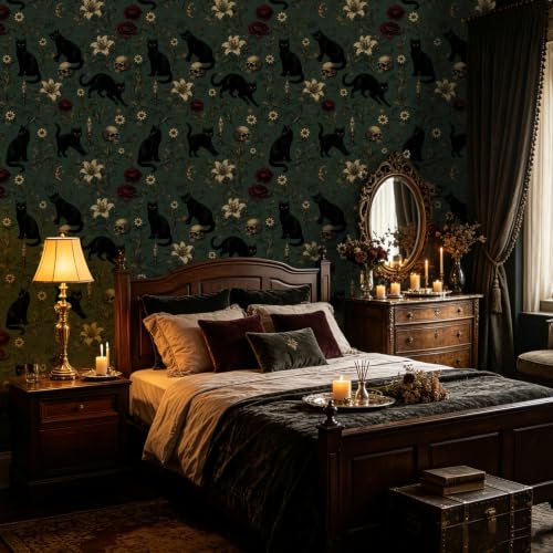 Dark Green Gothic Black Cats Peel and Stick Wallpaper 17.5" x 118" - view 2