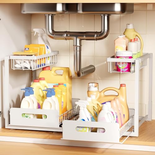 Under Kitchen Sink Organizer, Metal Pull Out Bathroom Organizers and Storage, 2-Tier Cabinet Organizer Shelf with Sliding Drawer, Home Organization for Kitchen, Laundry, Pantry, White, 2 pack