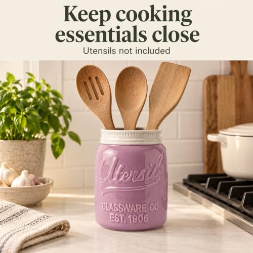 Purple Mason Jar Utensil Holder – Wide Mouth Ceramic – Farmhouse - view 5