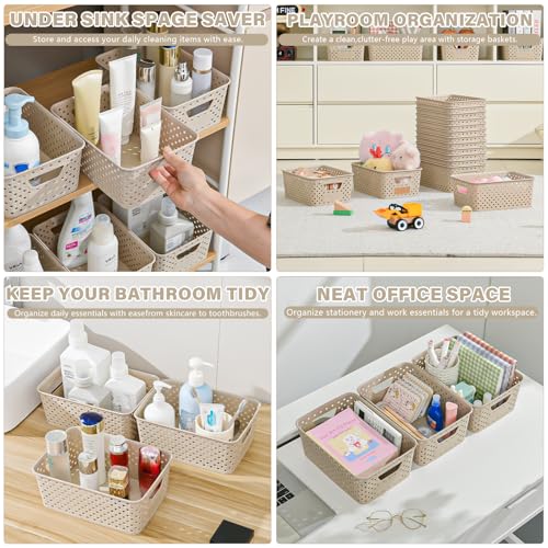12 Pack Plastic Storage Baskets for Organizing, Storage Baskets for Shelves with Handles, Small Storage Bins with Labels, Classroom Storage Organization for Cabinet,Closet, Office,Natural - view 5