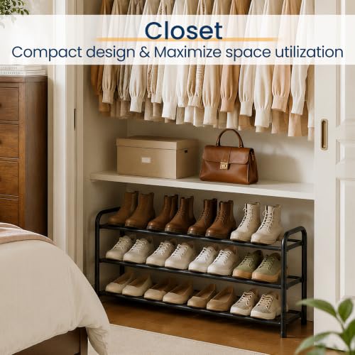3 Tier Expandable Shoe Rack, Metal Small Shoes Shelf, Black - view 3