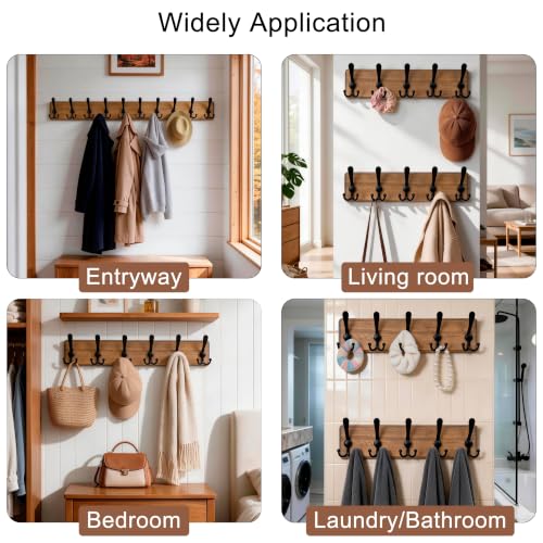 Coat Rack Wall Mounted - 5 Tri Hooks, Heavy Duty, Wooden Wall Coat Hanger Coat Hook for Clothes Hat Jacket Clothing, Natural & Black - view 3