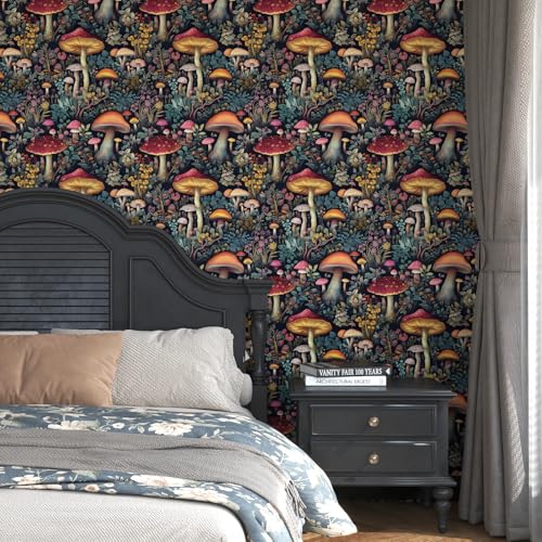 Mushoroom Wallpaper Peel and Stick Boho Black Red 17.5 x787In - view 2