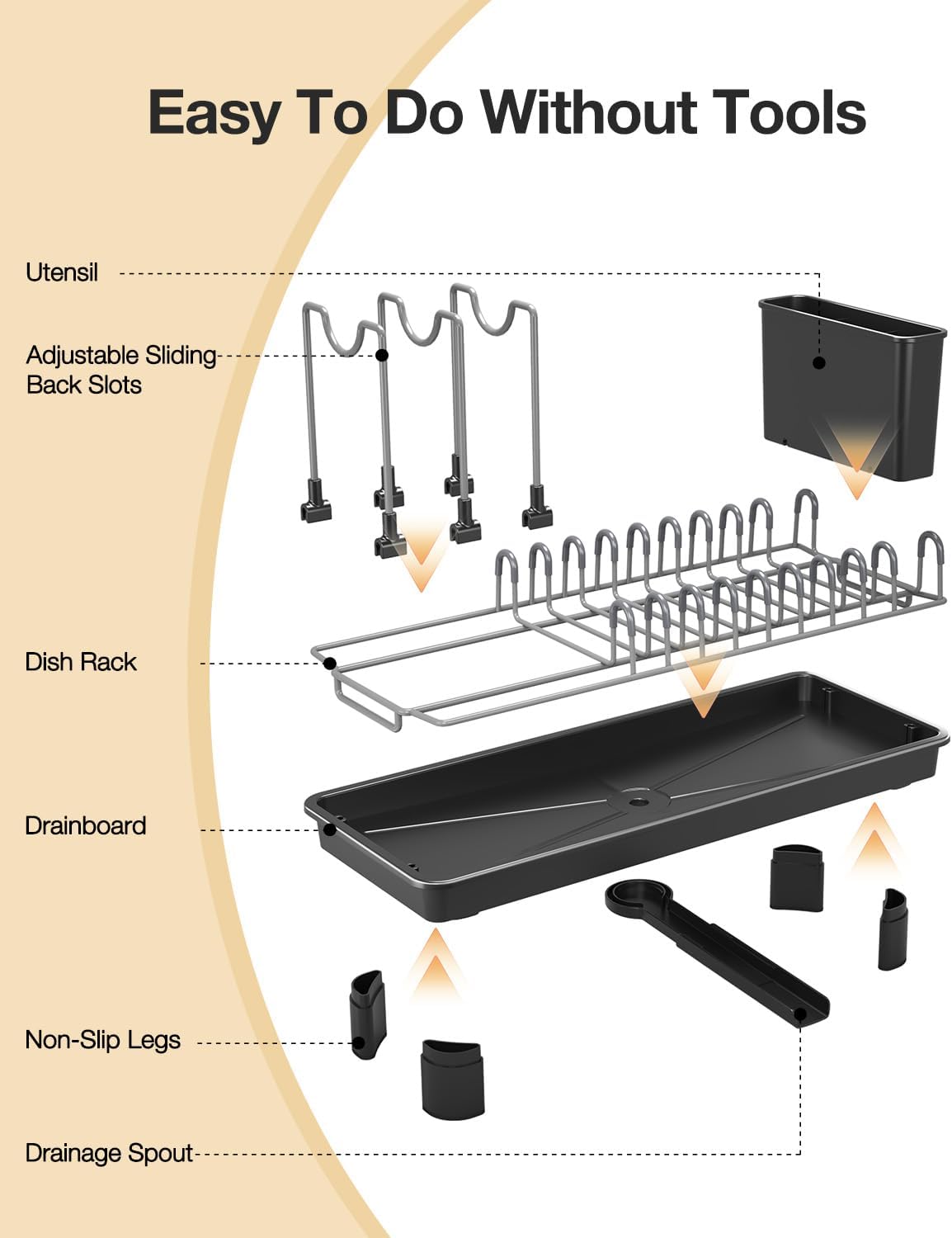 Small Dish Drying Rack with Drainboard, Compact for Kitchen Counter, Black | Rustproof carbon steel with rotating spout, adjustable slots, removable utensil caddy. Space-saving - view 7