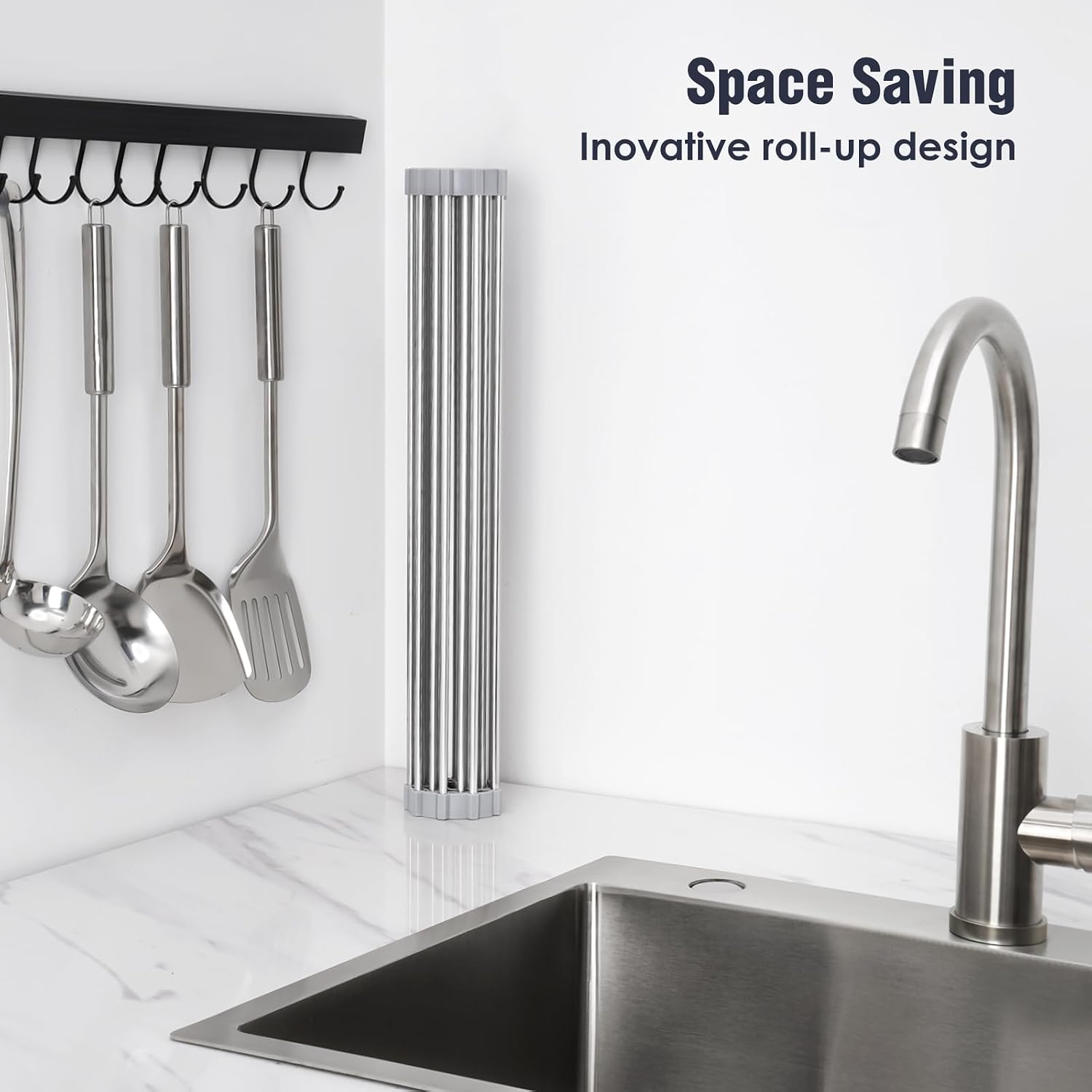 17.7" x 15.5" Roll Up Dish Drying Rack Over Sink Drying Rack Sink Cover Kitchen Sink Accessories Gadget Multipurpose Organizer Foldable Stainless Steel Drainer (Grey) | Anti-Slip Silicone Rims For Grip, Heat-Resistant Trivet Mat Holding Heavy Cookware, Ru - view 4