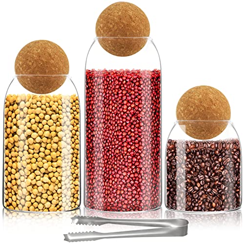 3Pcs Glass Jar with Round Ball Cork,Coffee Bean Jar Glass Cork Clear Glass Bottles with Cork Glass Canisters for Food, Coffee, Sugar, Spice, Tea,DIY (500ml / 700ml / 1000ml)