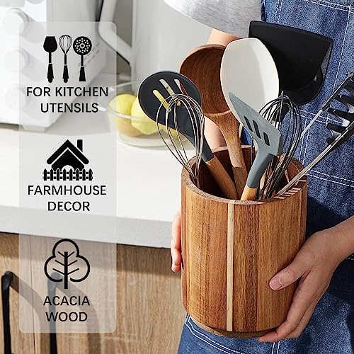 Acacia Wood Utensil Holder, 360° Rotating, Large Countertop Organizer, Farmhouse Kitchen Decor - view 4