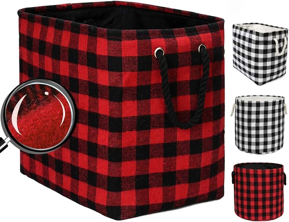 Large Rectangular Foldable Storage Laundry Baskets with Cotton Rope Handles Nursery Soft Felt Fabric Bins Delicate Home Organizer Solution, Red Black Grid, L - view 2